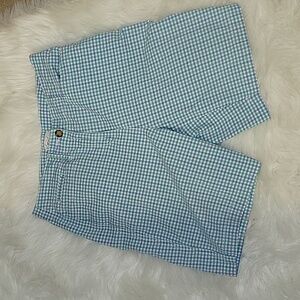 Kim Rogers green purple white check stretch shorts 5 pockets belt loops 10 EUC…